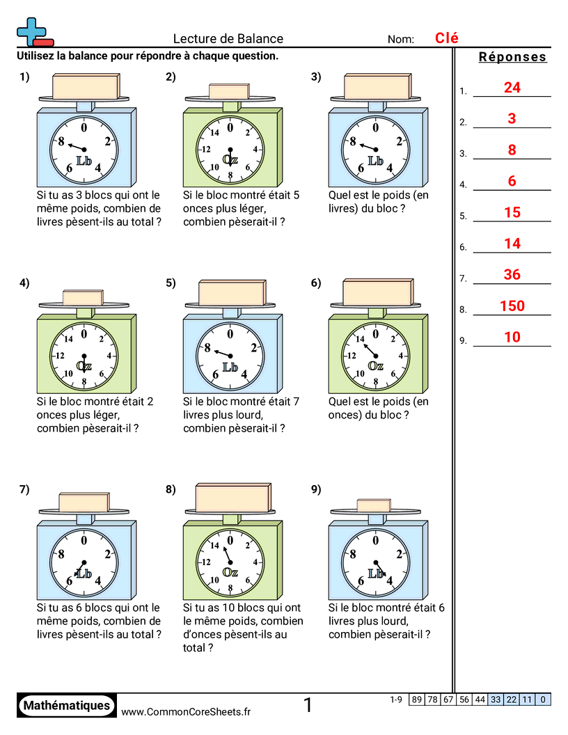 Fiches d'Exercices sur les Poids - Lire une balance worksheet