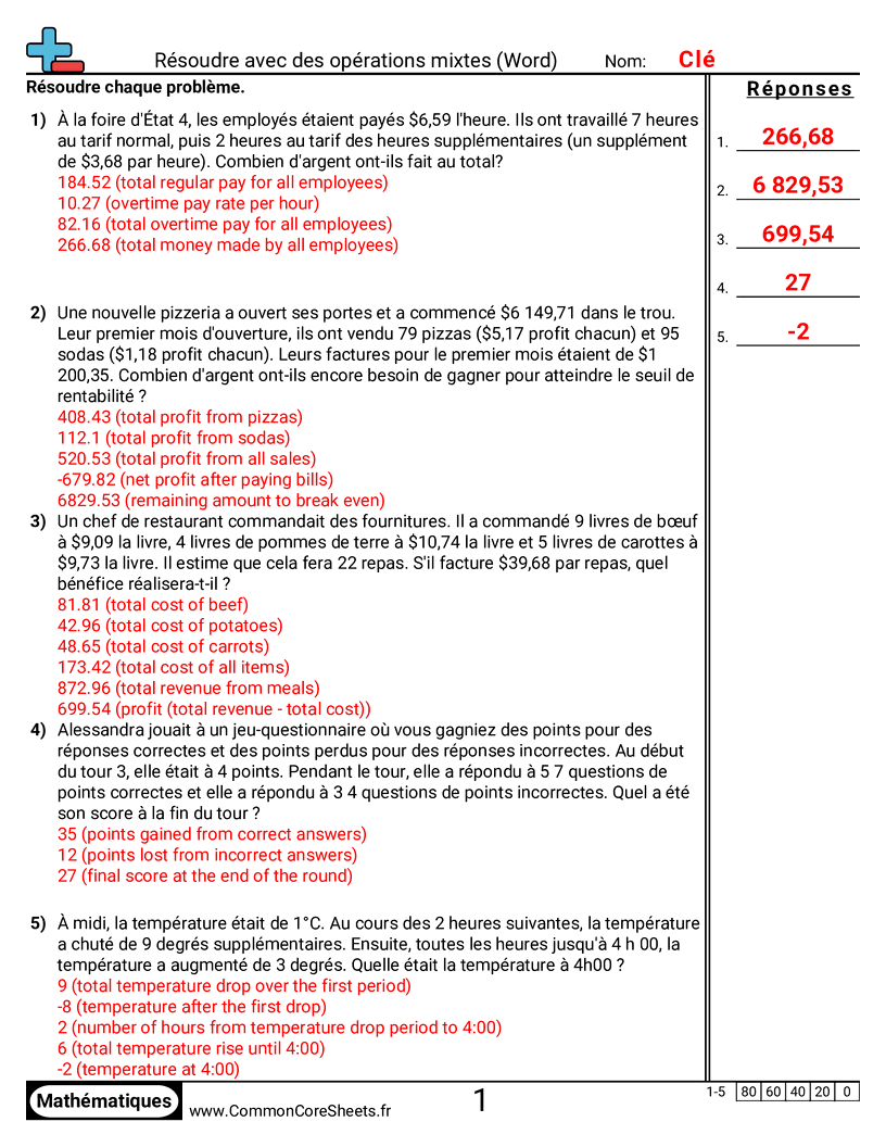 Fiches d'Exercices de Priorité des Opérations - Résoudre avec des opérations mixtes (problèmes) worksheet