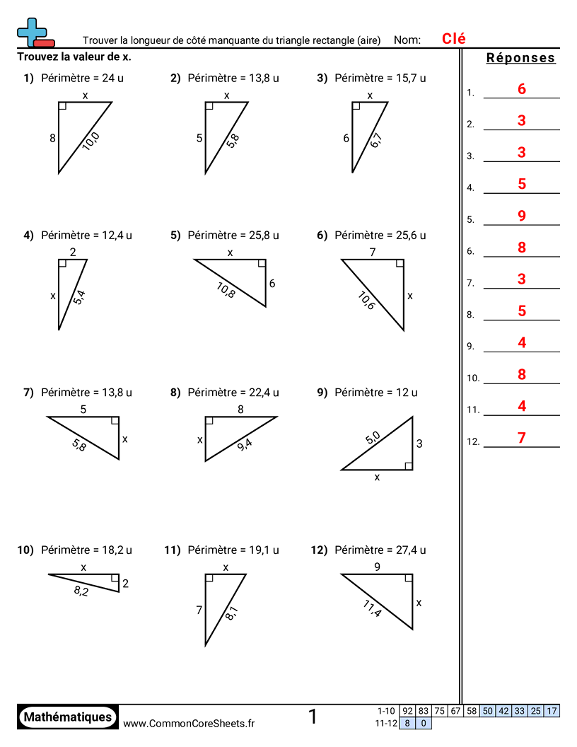 Fiches d'Exercices sur le Calcul d'Aire & Périmètre - Trouver la longueur manquante d’un côté de triangle rectangle (aire) worksheet