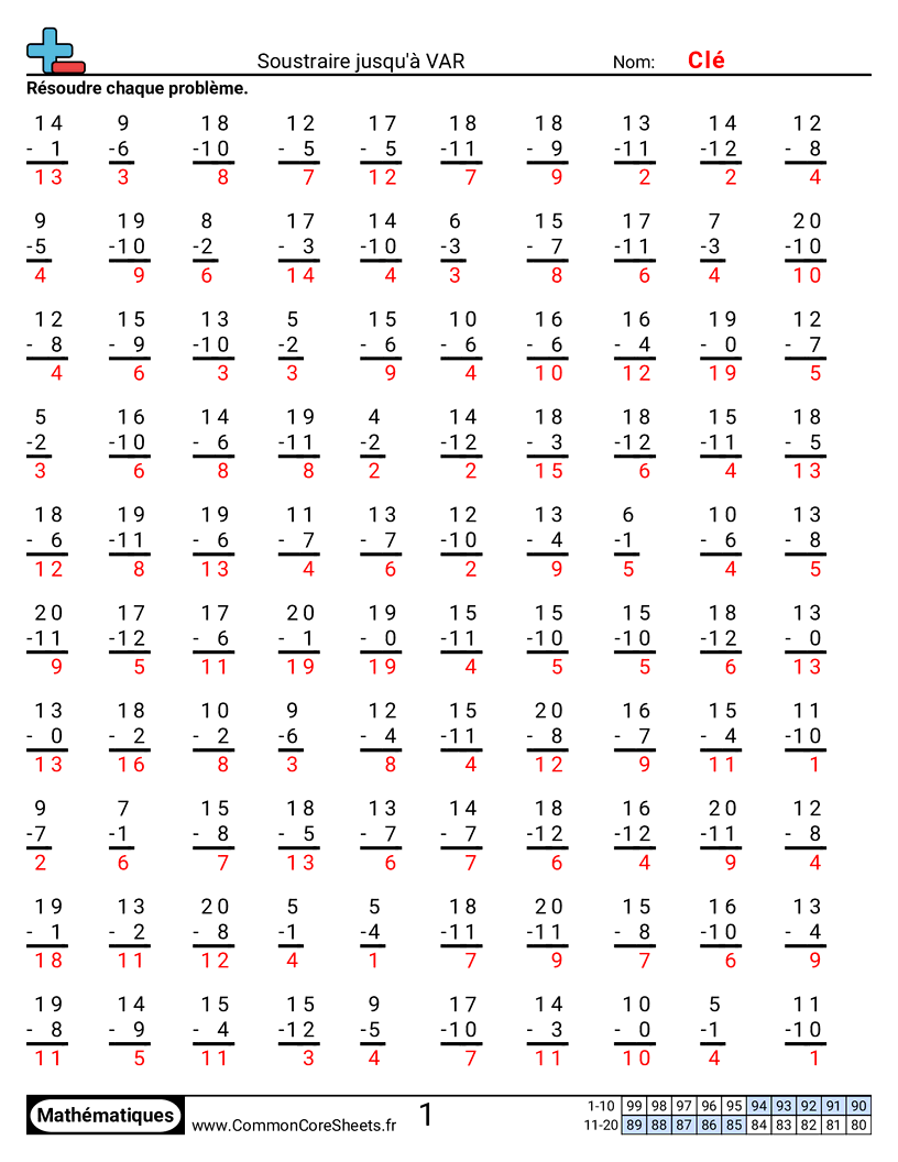 Fiches d'Exercices de Soustractions - Soustrait jusqu’à 12 worksheet