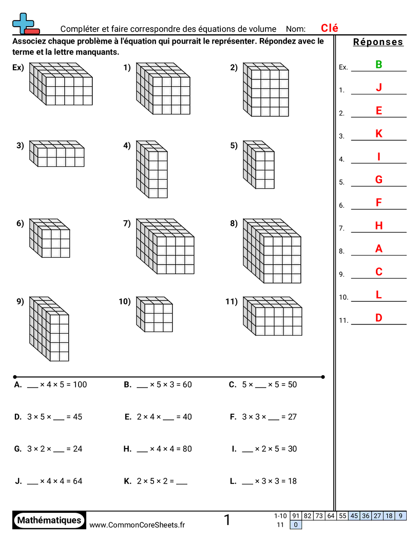 Fiches d'Exercices sur Volumes - Compléter et associer des équations de volume worksheet