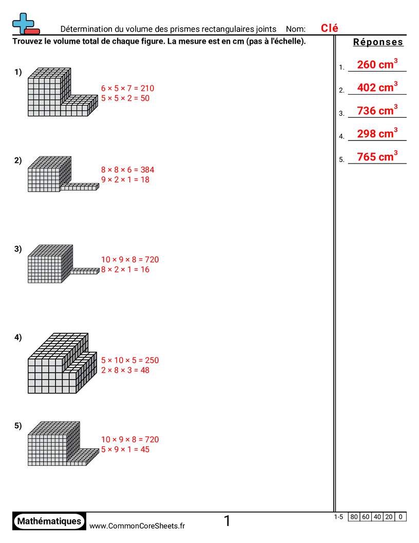 Fiches d'Exercices sur Volumes - Déterminer le volume de prismes rectangulaires assemblés worksheet