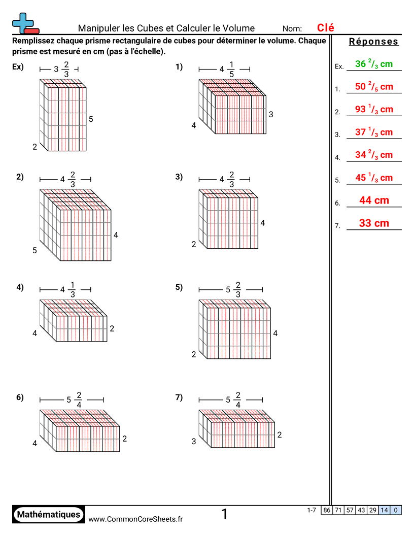 Fiches d'Exercices sur Volumes - Utiliser des cubes pour trouver le volume (côtés fractionnaires) worksheet