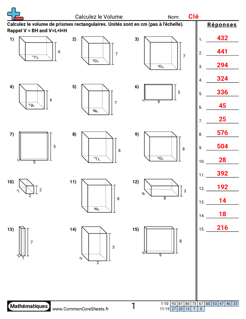 Fiches d'Exercices sur Volumes - Trouver le volume (transparent) worksheet