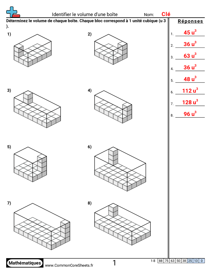 Fiches d'Exercices sur Volumes - Identifier le volume d’une boîte worksheet