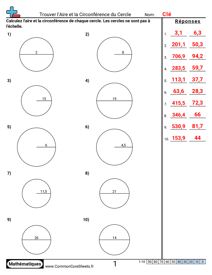 Fiches d'Exercices sur le Calcul d'Aire & Périmètre - Aire et circonférence du cercle worksheet