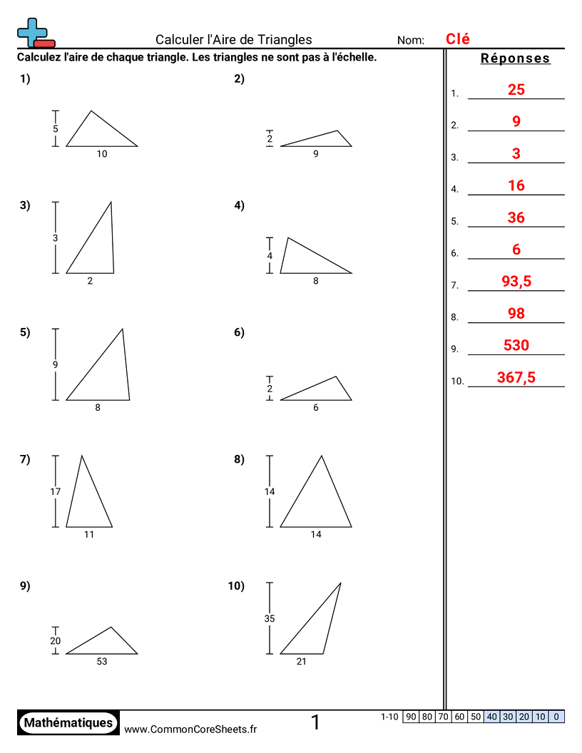 Fiches d'Exercices sur le Calcul d'Aire & Périmètre - Aire des triangles (base et hauteur) worksheet