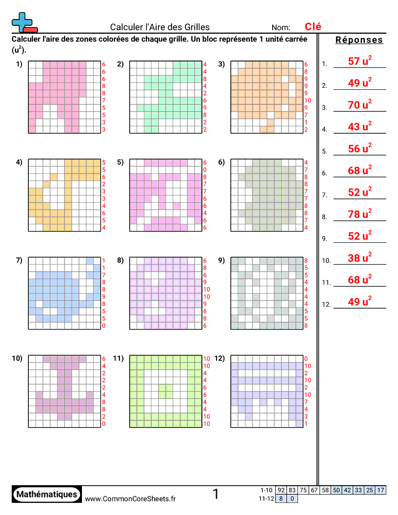 Fiches d'Exercices sur le Calcul d'Aire & Périmètre - Blocs (entiers) worksheet