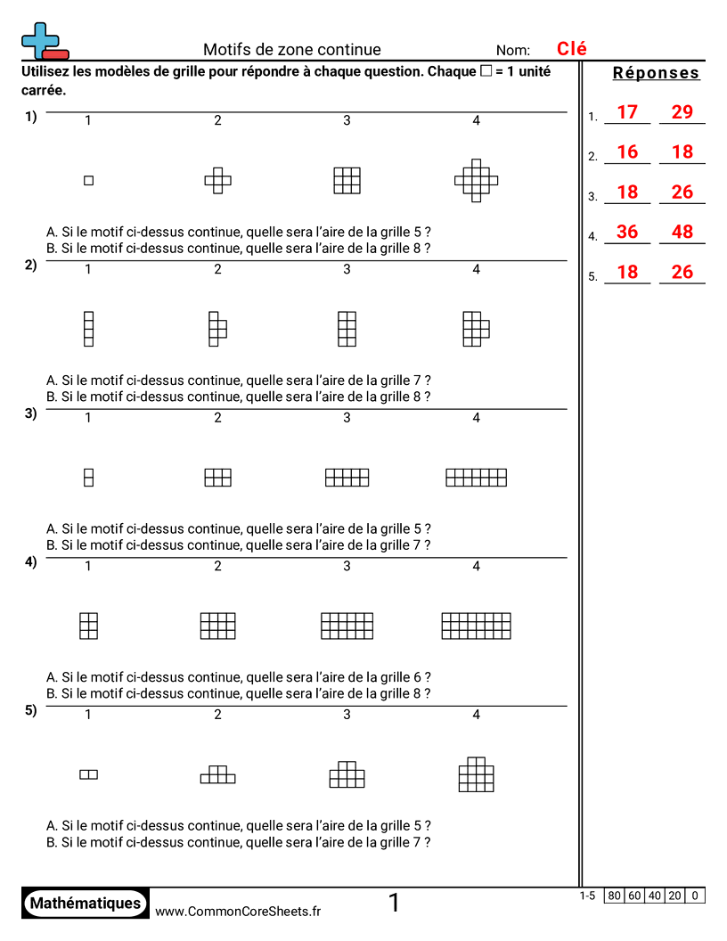 Fiches d'Exercices sur le Calcul d'Aire & Périmètre - Poursuivre des motifs d’aire worksheet