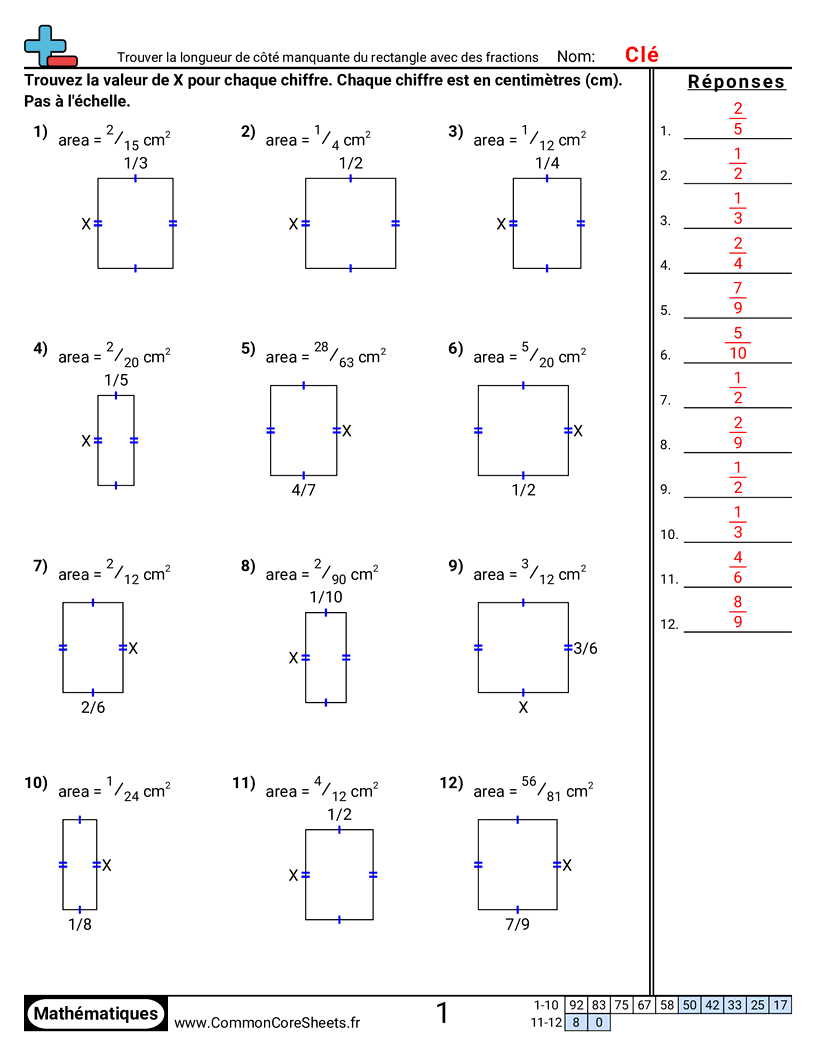 Fiches d'Exercices sur le Calcul d'Aire & Périmètre - Trouver la longueur manquante d’un côté de rectangle (fractions) worksheet