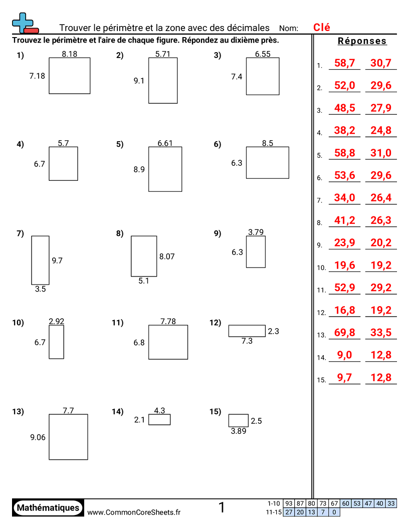 Fiches d'Exercices sur le Calcul d'Aire & Périmètre - Trouver périmètre et aire (décimaux) worksheet