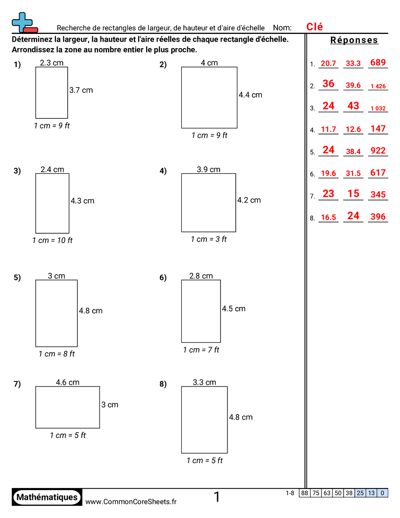 Fiches d'Exercices sur le Calcul d'Aire & Périmètre - Trouver largeur, hauteur et aire de rectangles à l’échelle worksheet