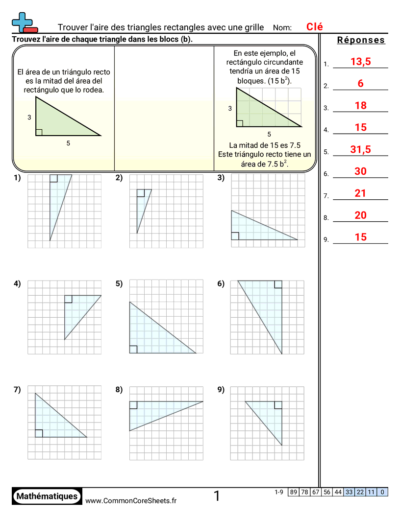Fiches d'Exercices sur le Calcul d'Aire & Périmètre - Trouver l’aire de triangles rectangles sur une grille worksheet