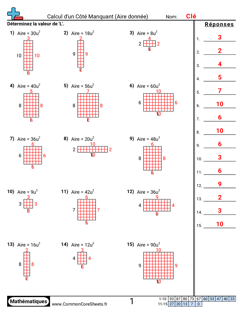 Fiches d'Exercices sur le Calcul d'Aire & Périmètre - Côté manquant (aire) E worksheet