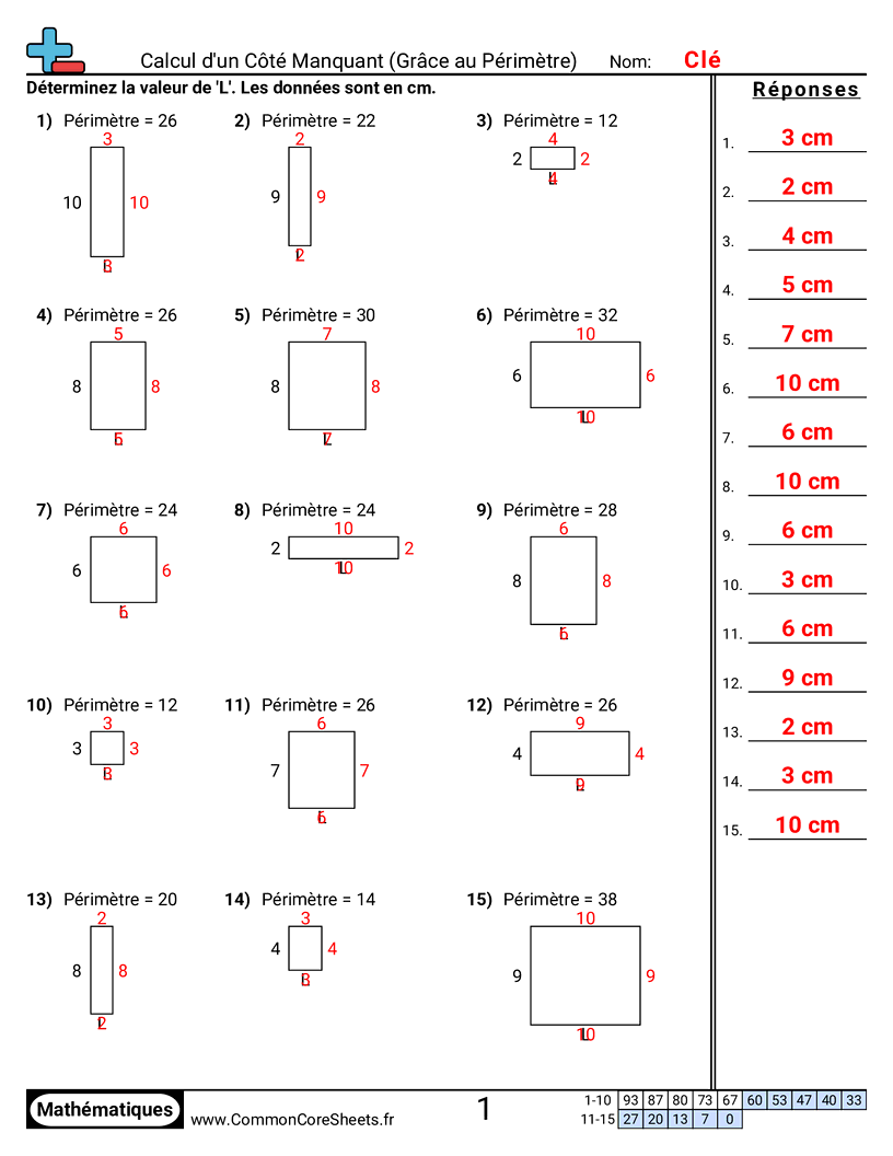 Fiches d'Exercices sur le Calcul d'Aire & Périmètre - Côté manquant (périmètre) E worksheet