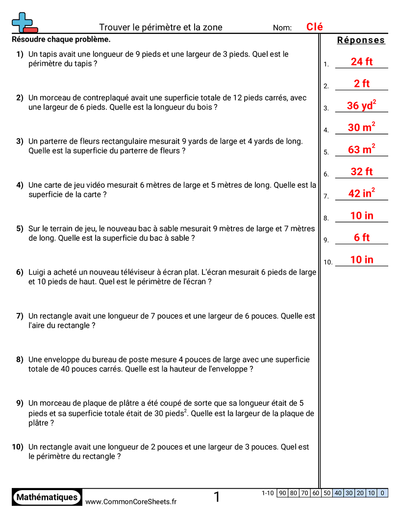 Fiches d'Exercices sur le Calcul d'Aire & Périmètre - Périmètre - aire (problèmes) worksheet