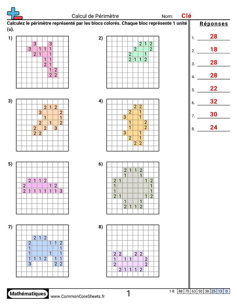 Fiches d'Exercices sur le Calcul d'Aire & Périmètre - Périmètre avec blocs worksheet