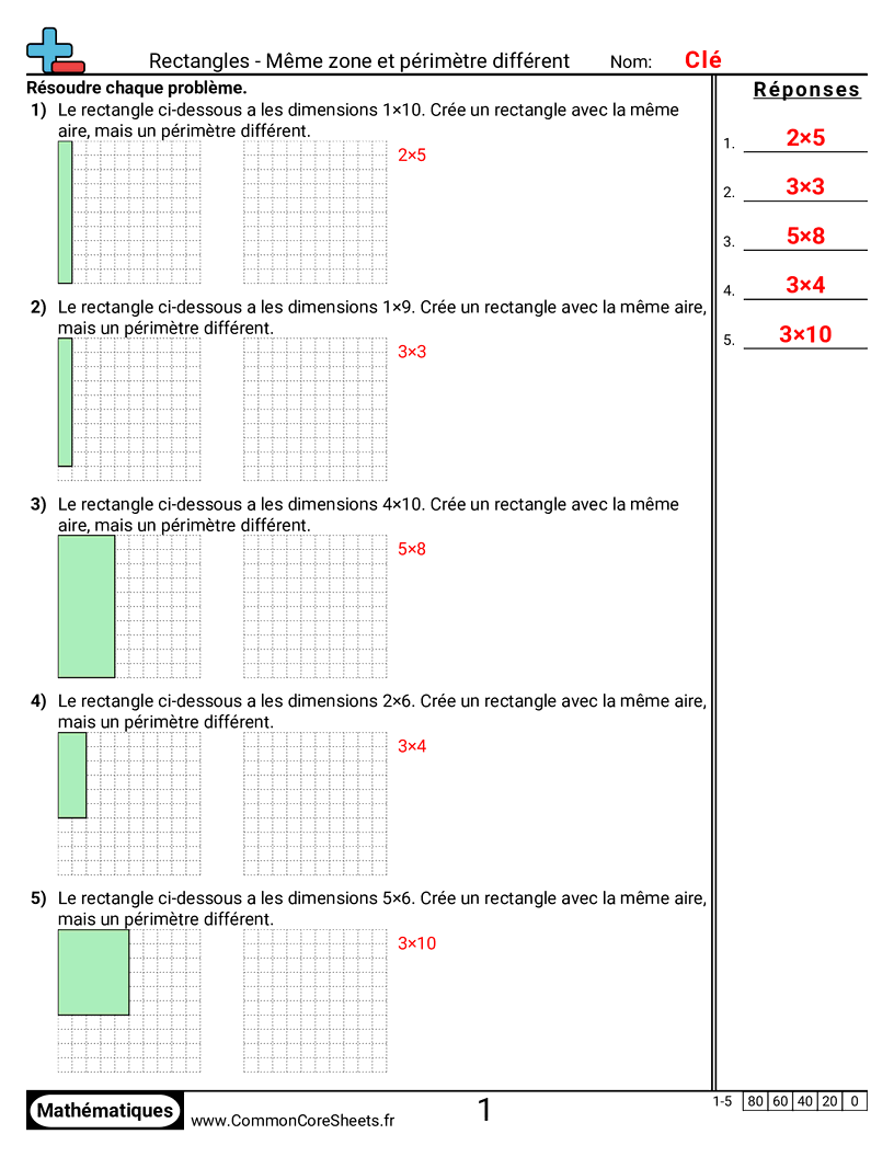 Fiches d'Exercices sur le Calcul d'Aire & Périmètre - Rectangles - même aire et périmètres différents worksheet