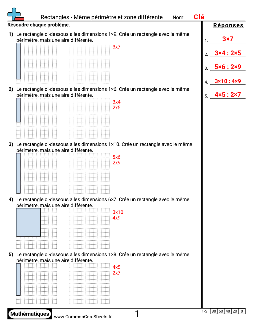 Fiches d'Exercices sur le Calcul d'Aire & Périmètre - Rectangles - même périmètre et aires différentes worksheet