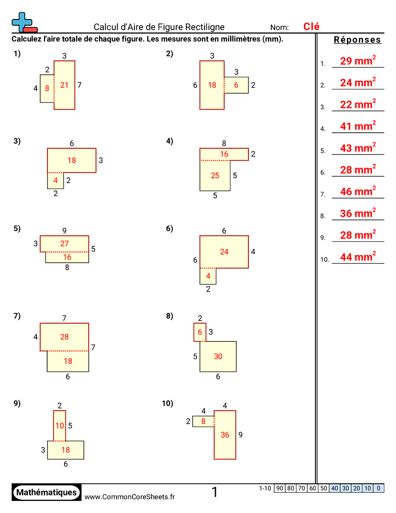 Fiches d'Exercices sur le Calcul d'Aire & Périmètre - Aire rectiligne worksheet