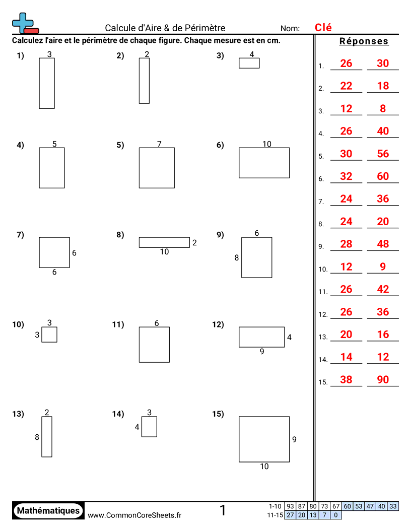 Fiches d'Exercices sur le Calcul d'Aire & Périmètre - Quadrilatères (aire et périmètre) worksheet