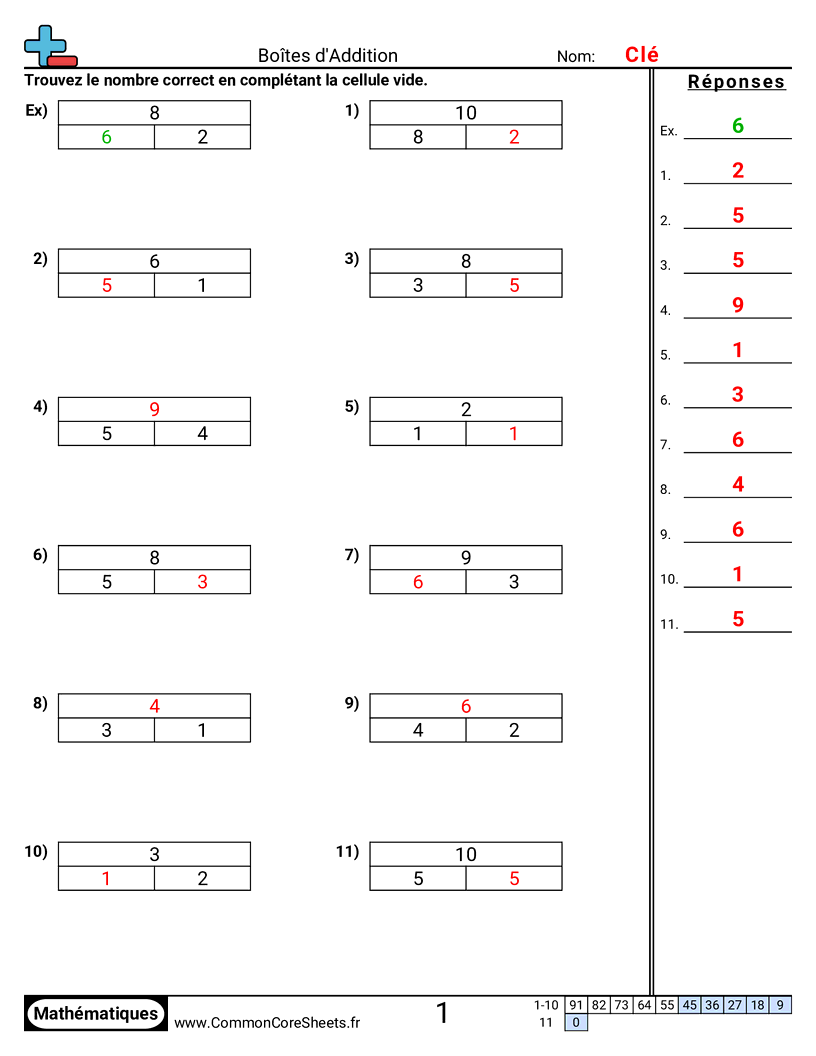 Fiches d'Exercices d'Additions - Cases d’addition (jusqu’à dix) worksheet