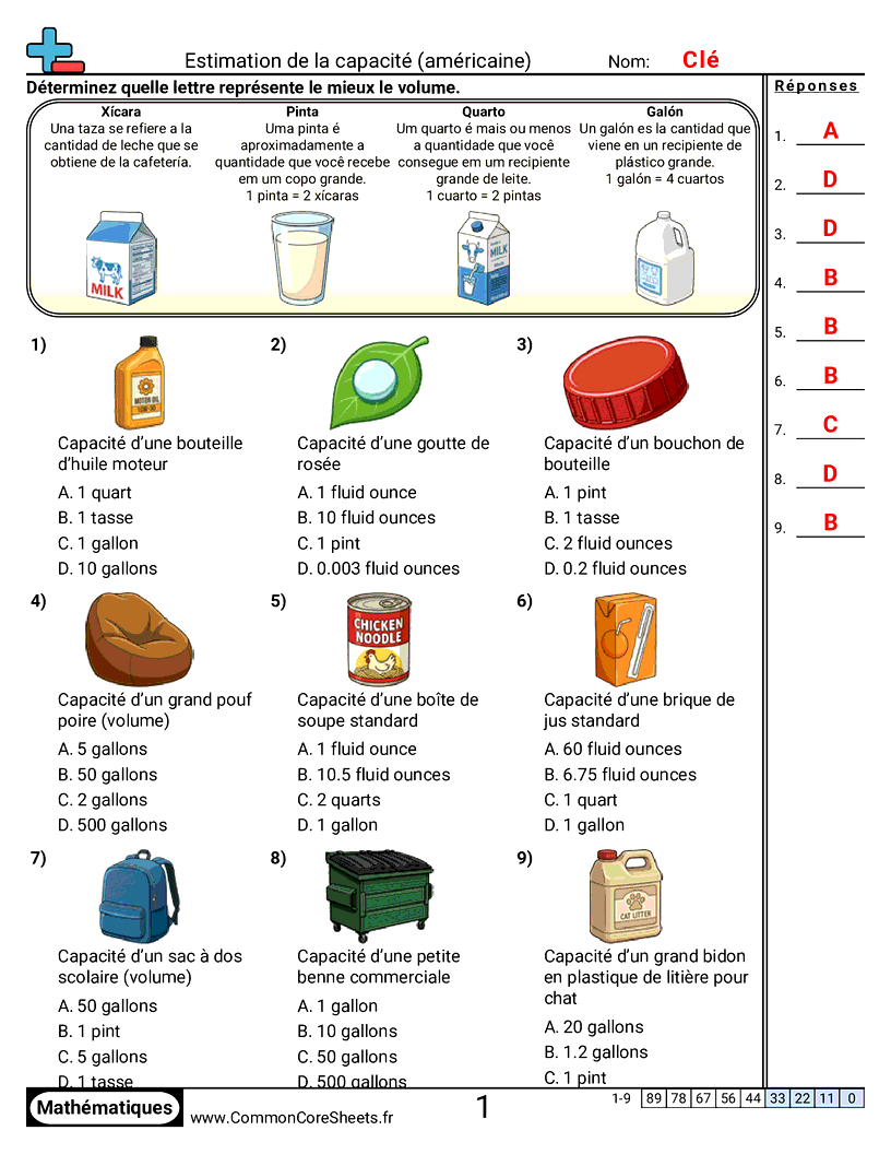 Fiches d'Exercices sur les Mesures de Capacité - Capacité américaine (visuel) worksheet