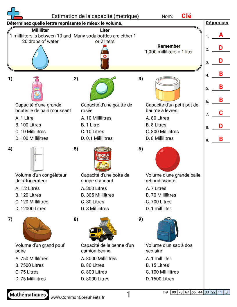 Fiches d'Exercices sur les Mesures de Capacité - Capacité métrique (visuel) worksheet