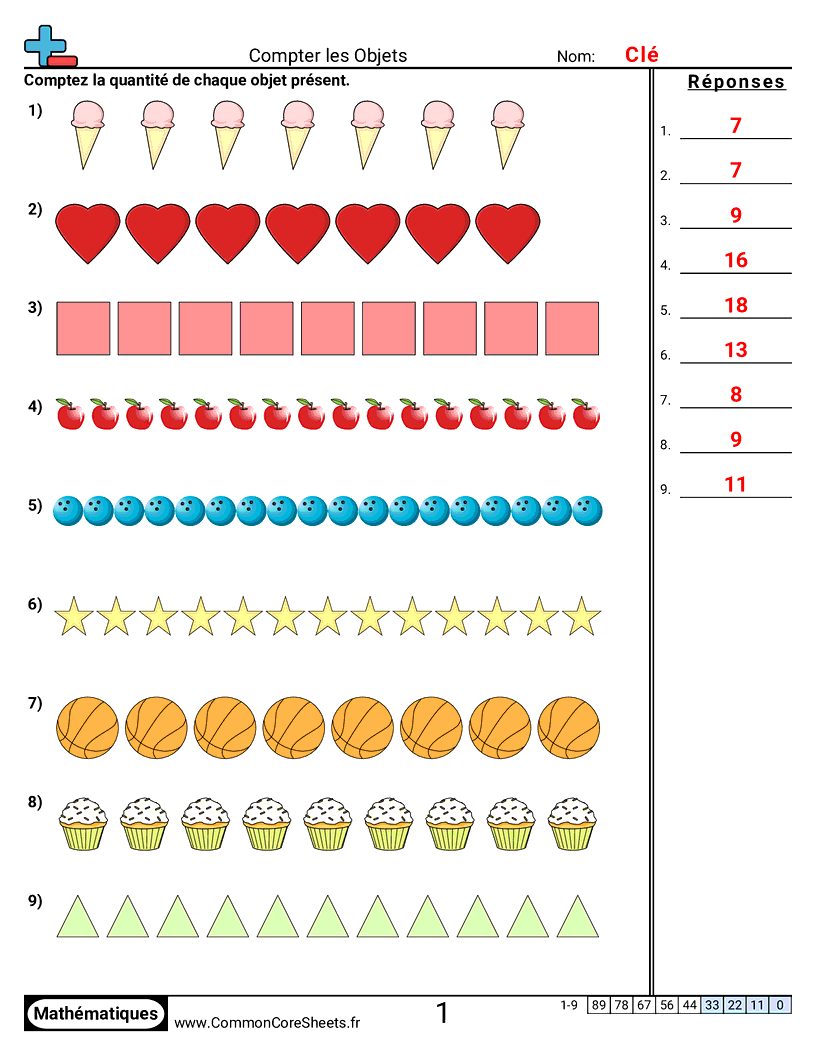 Fiches d'Exercices de Recensement - Compter des rangées worksheet