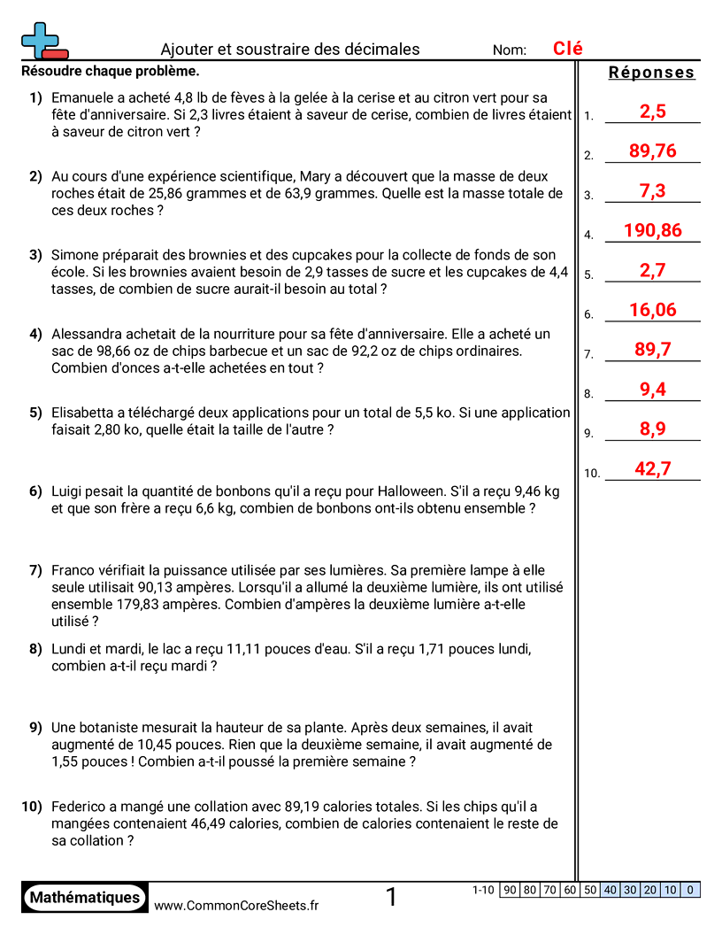 Fiches d'Exercices avec Nombres Décimaux - Additionner et soustraire jusqu’aux centièmes (problèmes) worksheet