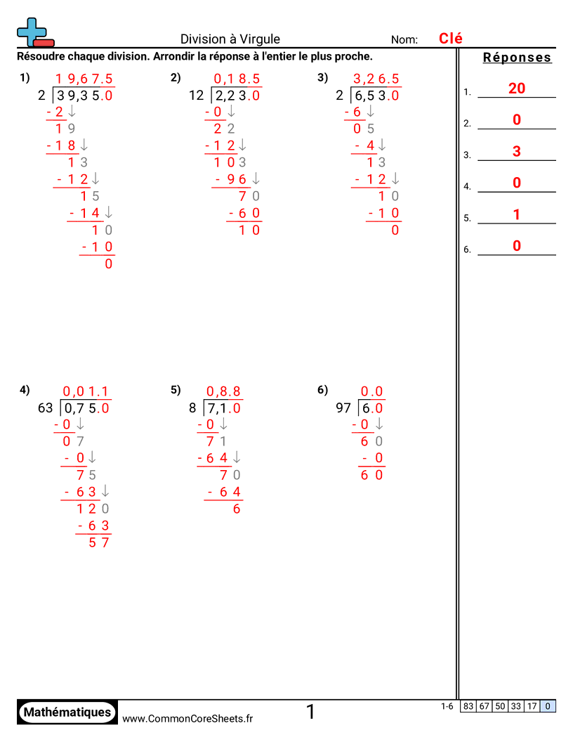 Fiches d'Exercices avec Nombres Décimaux - Diviser : décimaux au dividende et au diviseur worksheet