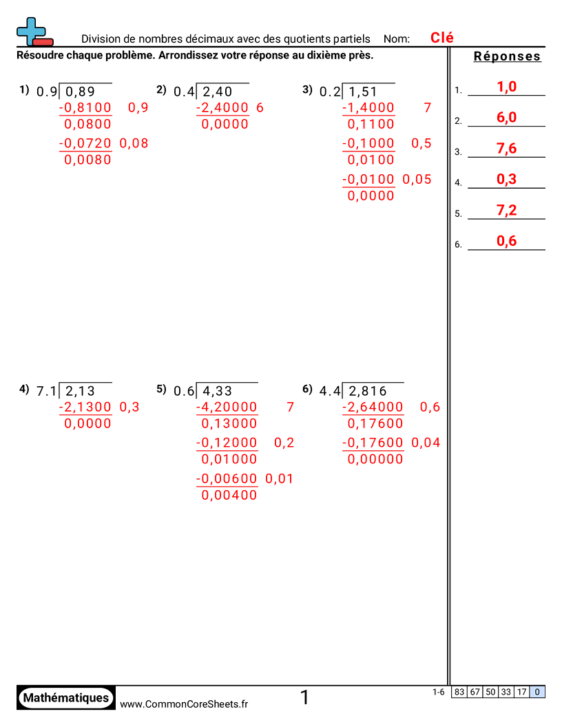 Fiches d'Exercices avec Nombres Décimaux - Diviser des décimaux avec des quotients partiels worksheet