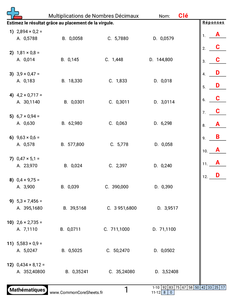 Fiches d'Exercices avec Nombres Décimaux - Estimer une multiplication avec des décimaux worksheet