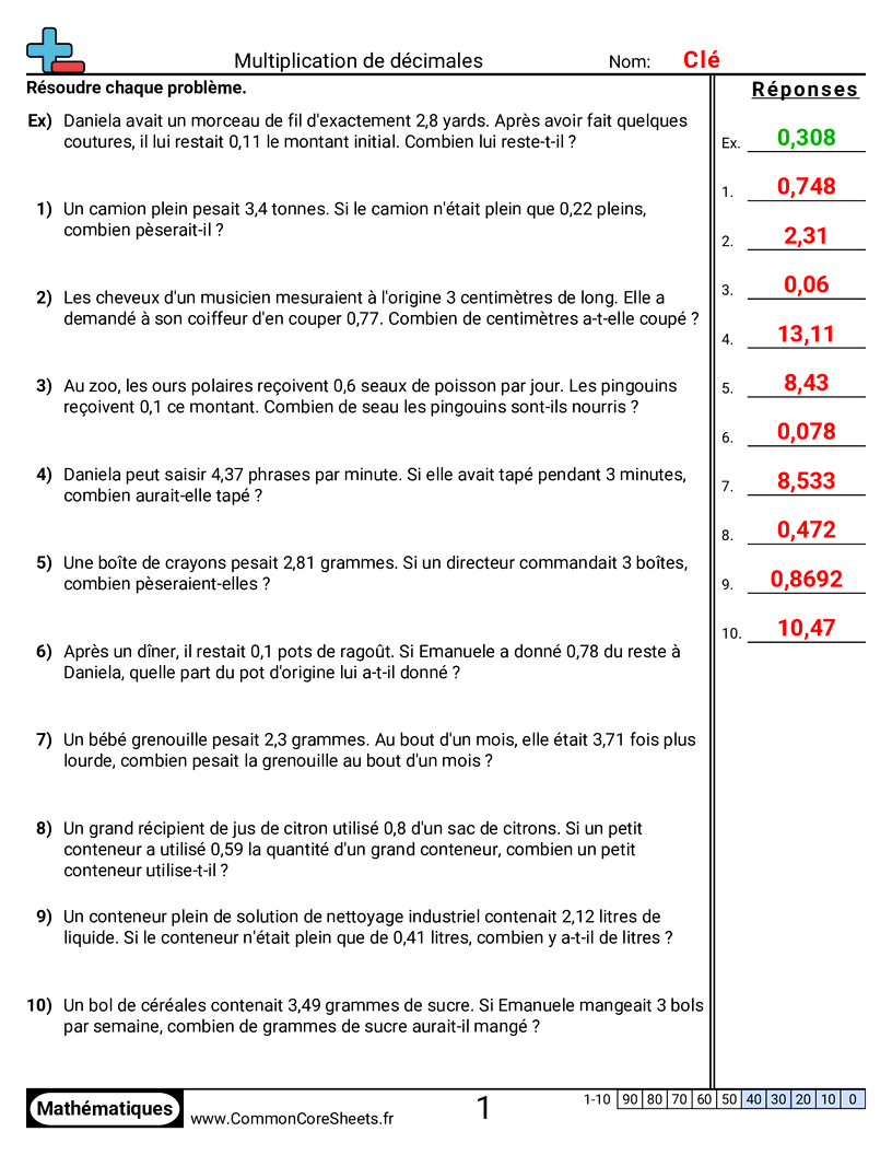 Fiches d'Exercices avec Nombres Décimaux - Multiplier des décimaux (problèmes) worksheet