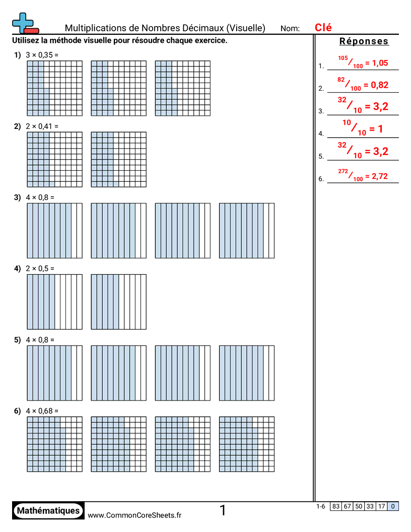Fiches d'Exercices avec Nombres Décimaux - Multiplier des décimaux (visuel) worksheet