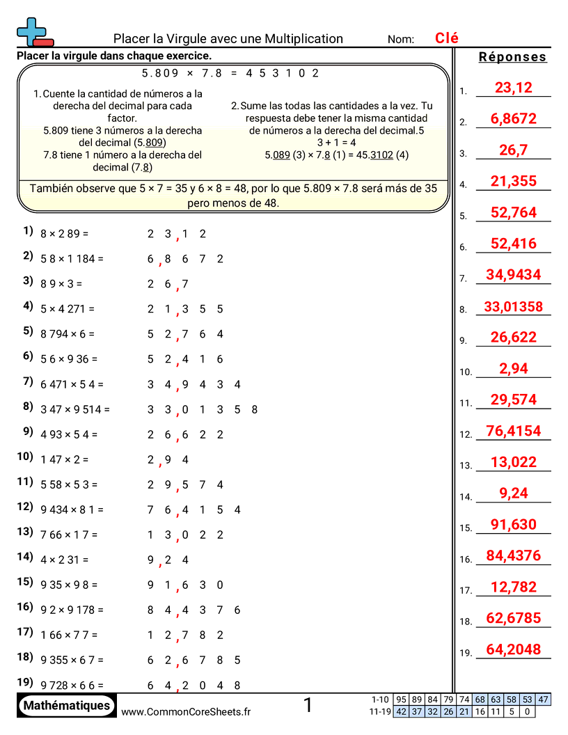 Fiches d'Exercices avec Nombres Décimaux - Placer des décimaux worksheet