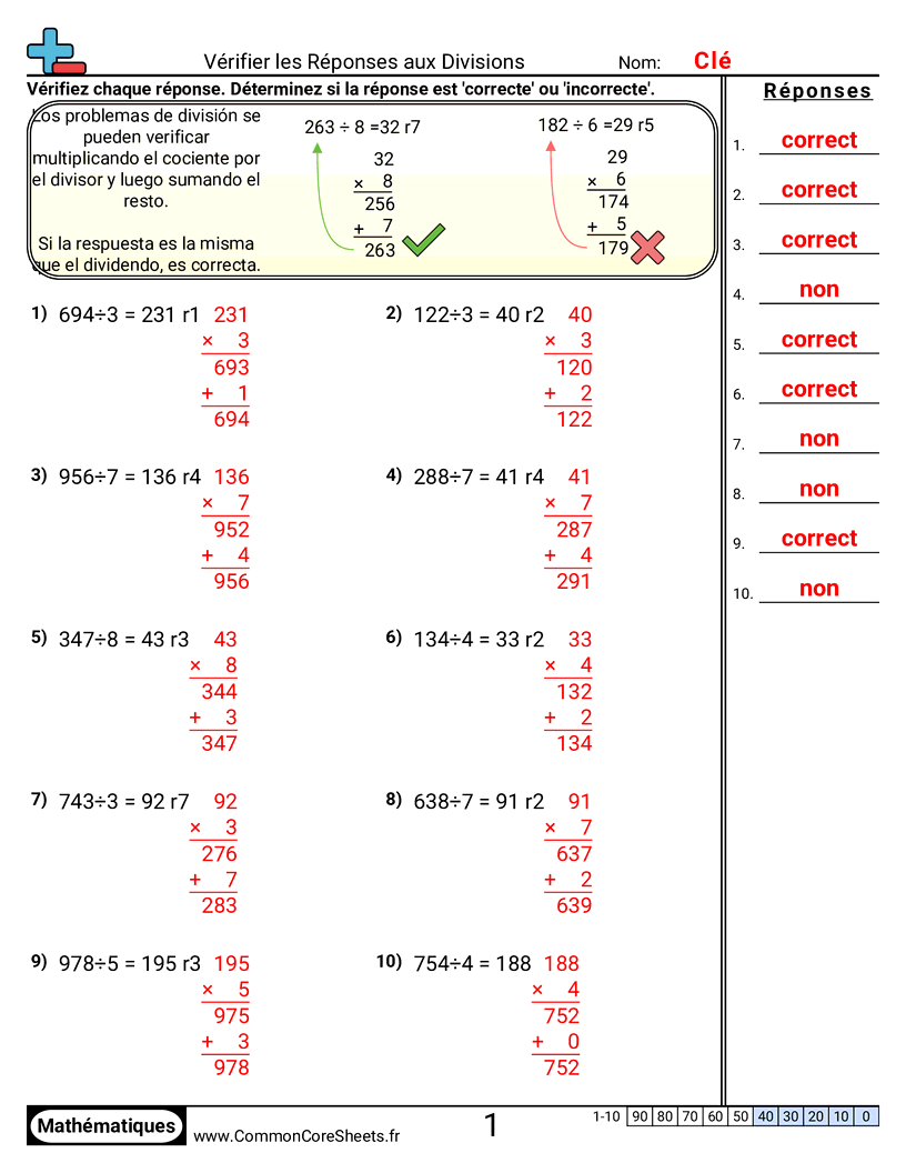 Fiches d'Exercices de Divisions - Vérifier les réponses de division worksheet