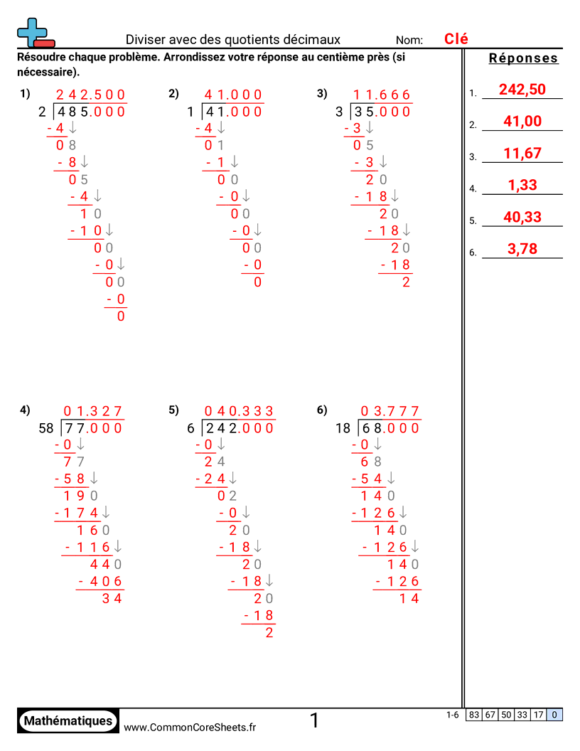 Fiches d'Exercices avec Nombres Décimaux - Diviser avec des quotients décimaux worksheet