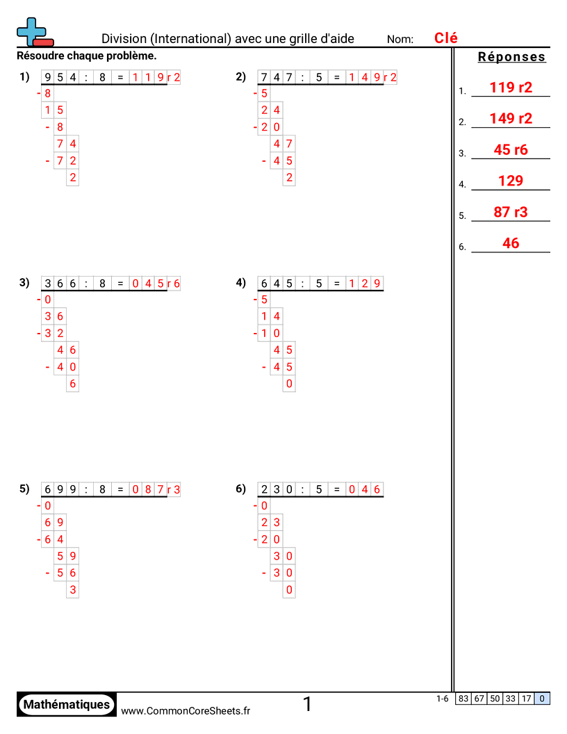 Fiches d'Exercices de Divisions - Division (style international) avec grille d’aide worksheet