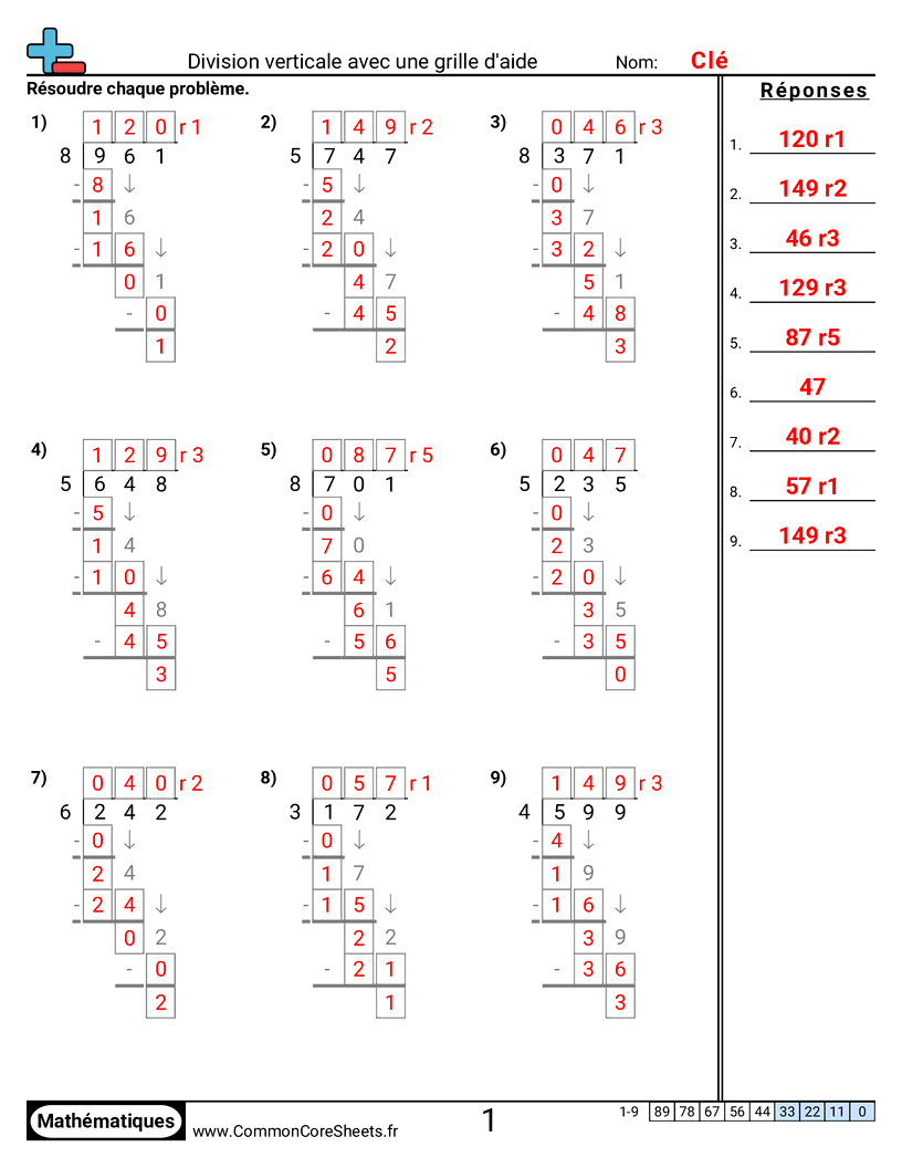 Fiches d'Exercices de Divisions - Division verticale avec grille d’aide worksheet