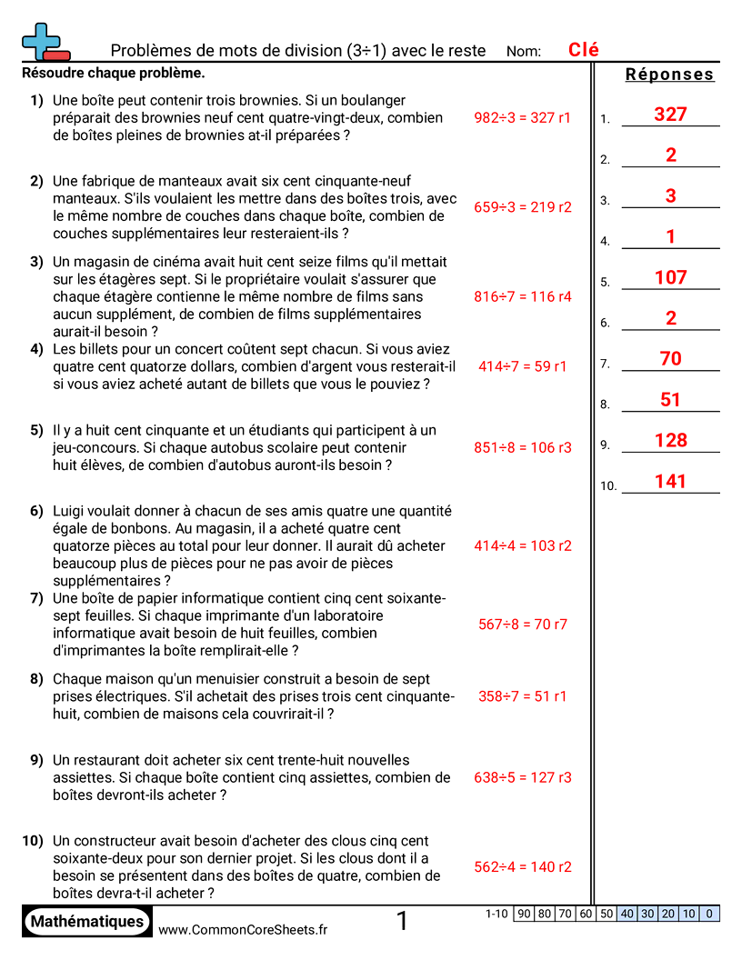 Fiches d'Exercices de Divisions - 3 ÷ 1 (avec reste) worksheet