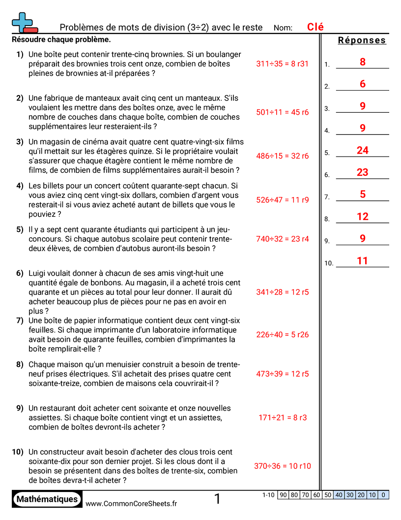 Fiches d'Exercices de Divisions - 3 ÷ 2 (avec reste) worksheet
