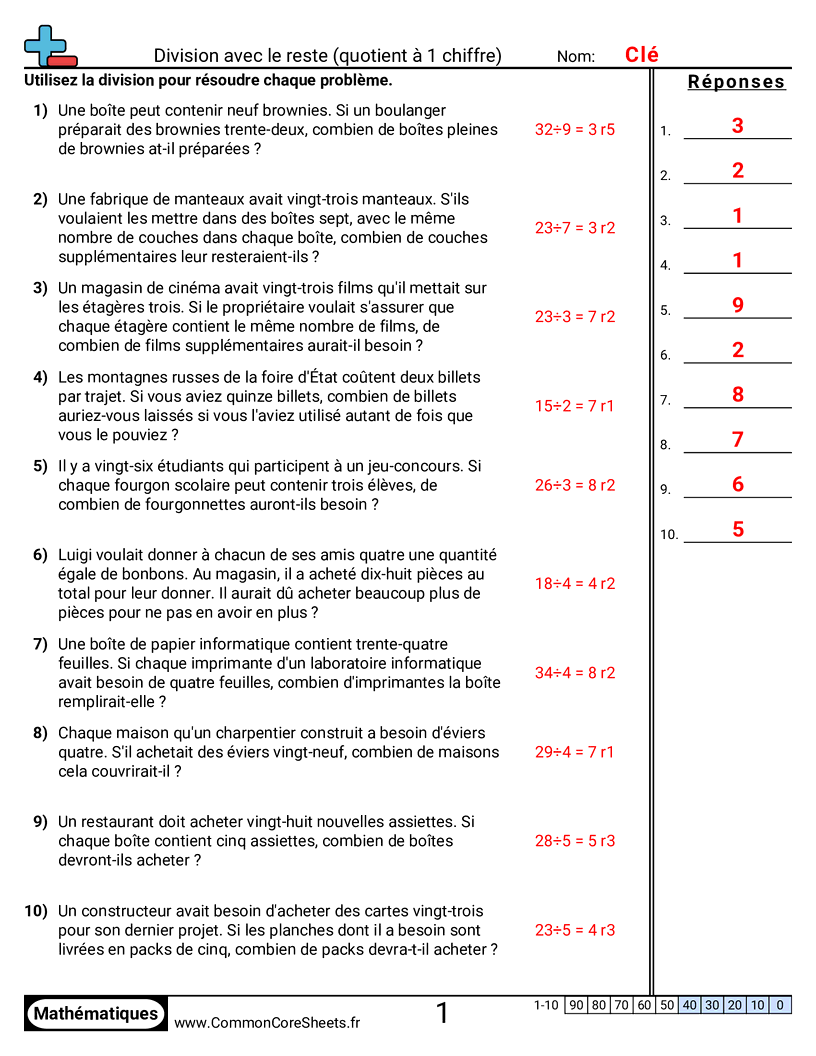 Fiches d'Exercices de Divisions - Quotient à 1 chiffre (avec reste) worksheet
