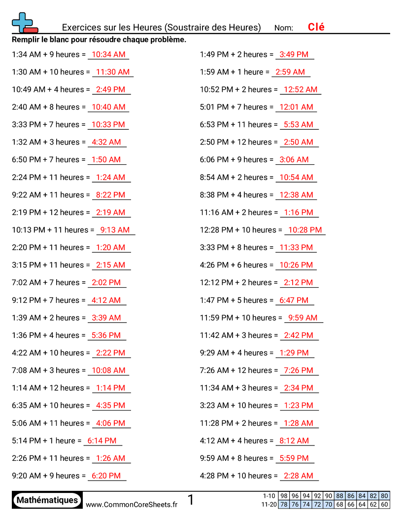 Fiches d'Exercices - Additionner des heures worksheet