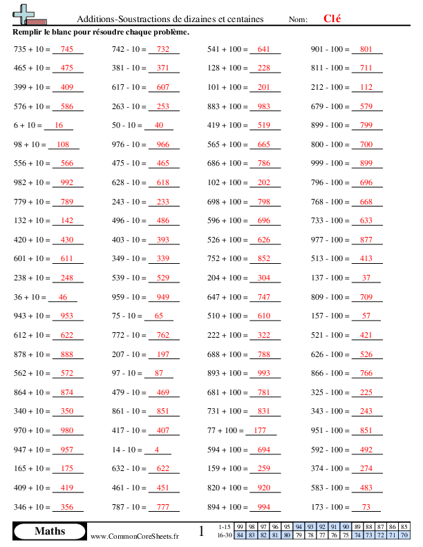  - additions-soustractions-de-dizaines-et-centaines worksheet