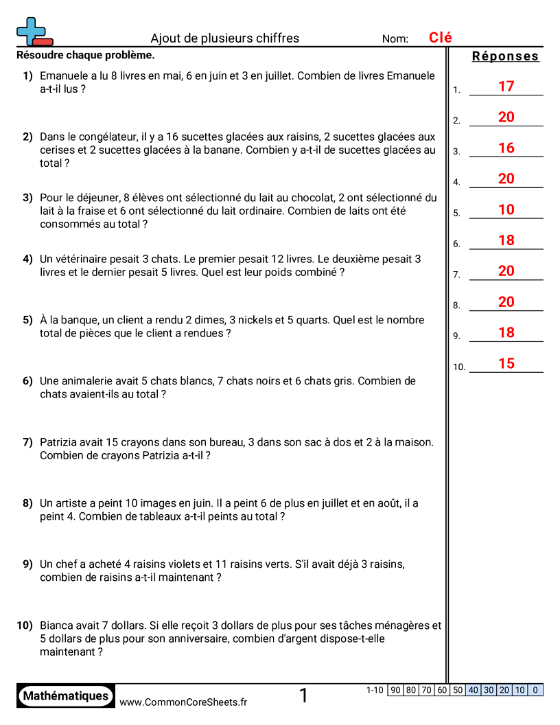 Fiches d'Exercices d'Additions - 3 addends (< 20) (problèmes) worksheet