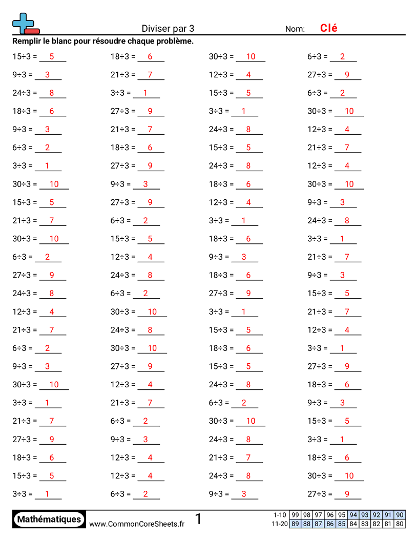 Fiches d'Exercices de Divisions - 3 worksheet