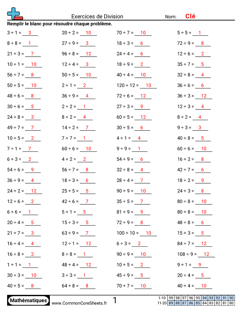 Fiches d'Exercices de Divisions - Mixte worksheet