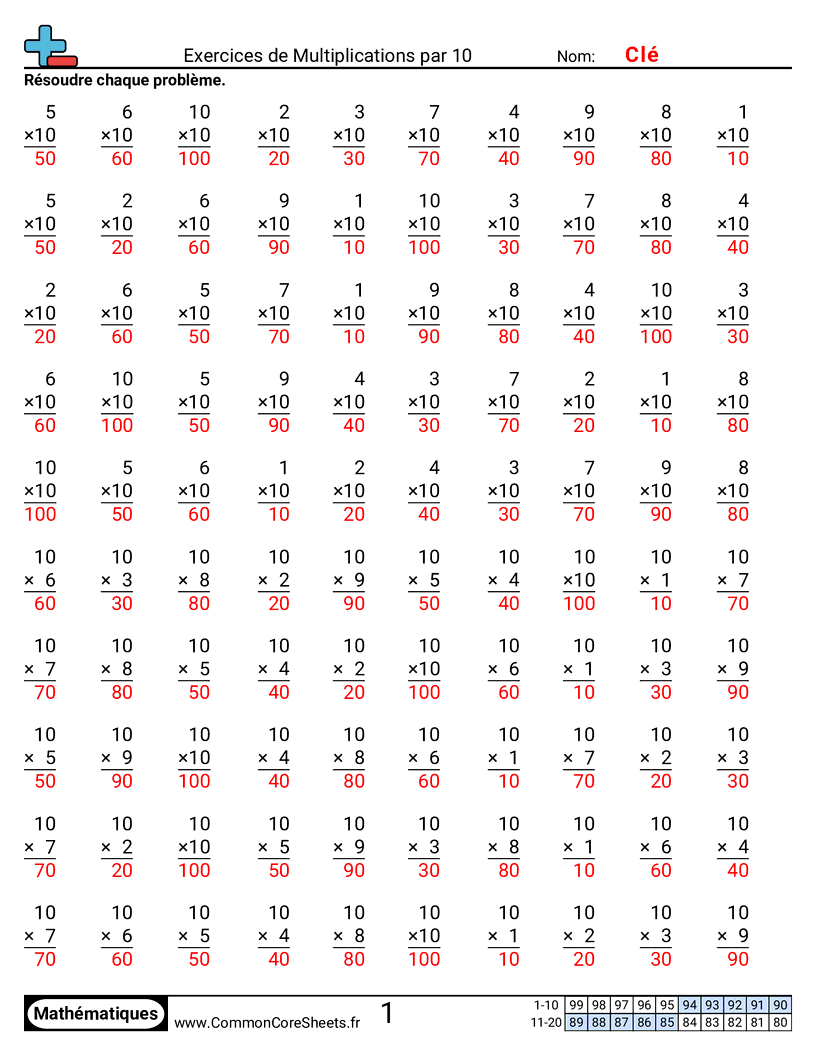 Fiches d'Exercices de Multiplications - 10 worksheet