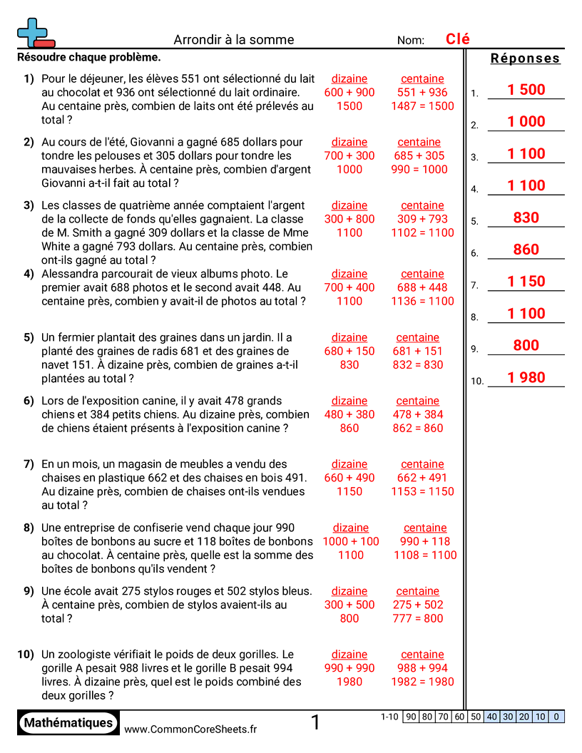 Fiches d'Exercices sur les Arrondis - Trouver des sommes avec arrondi worksheet